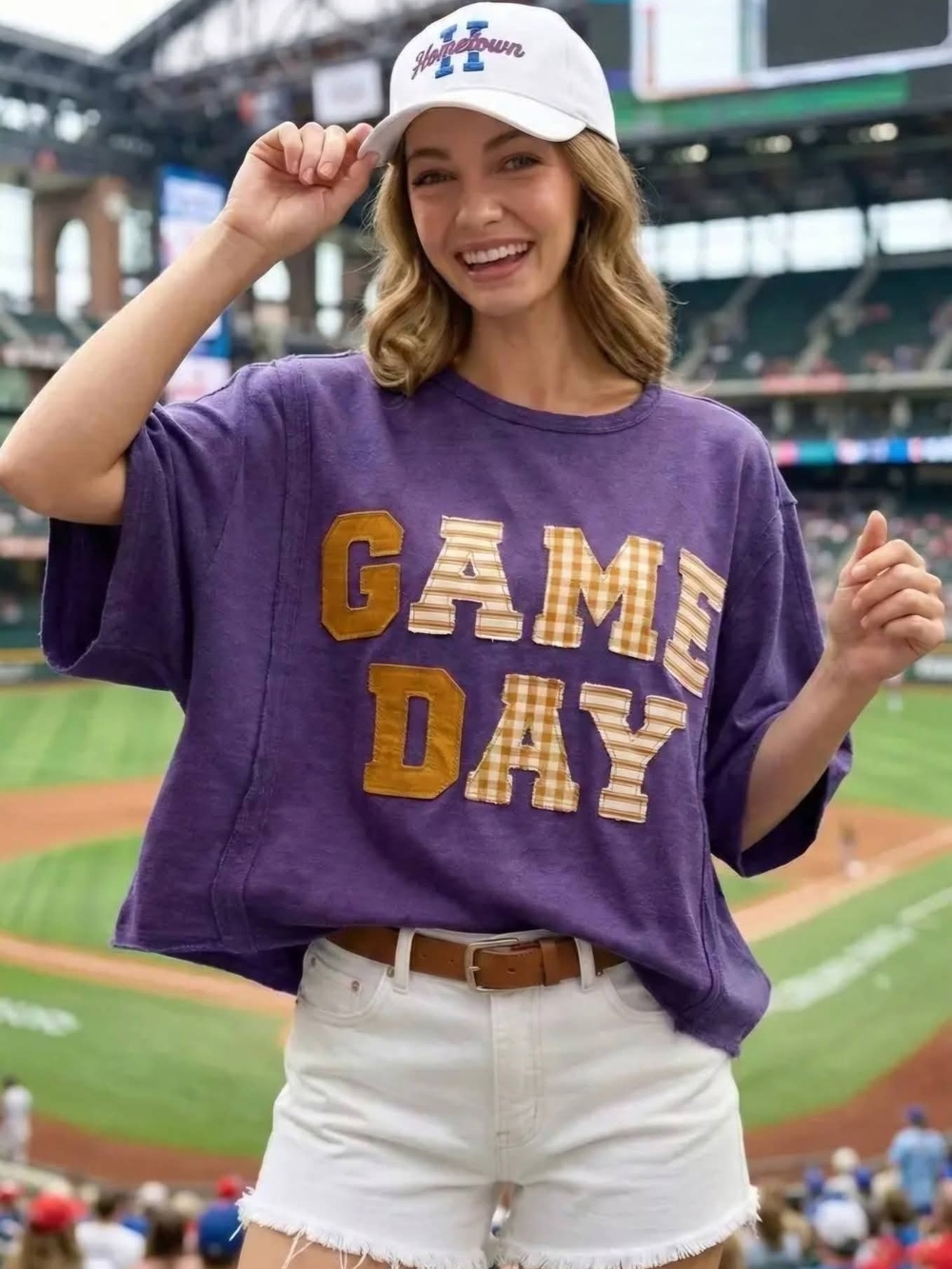 Women's Purple 'Game Day' Oversized Tunic Tee with Gingham Appliqué